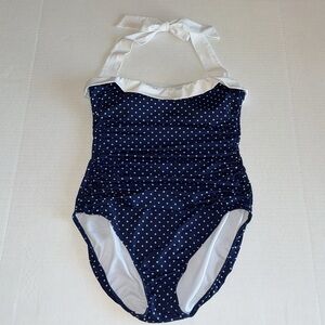 Lauren Ralph Lauren Blue And White Polka Dot Pinup Style Halter Neck Swimsuit